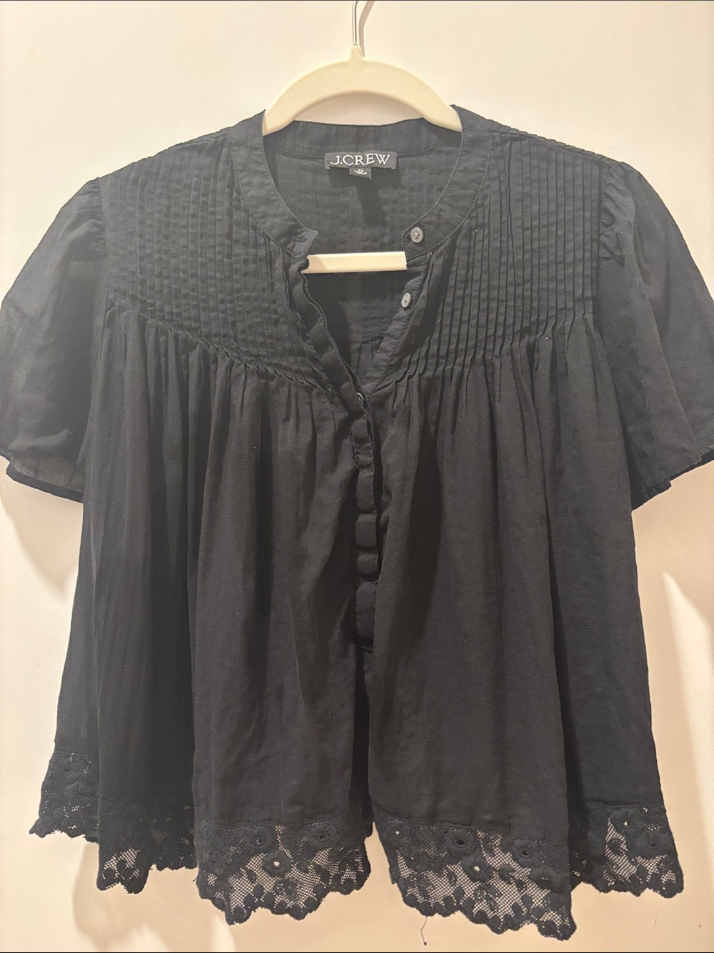 J. Crew Black Short-Sleeve Pleated Yoke Button-Front Blouse with Lace Hem